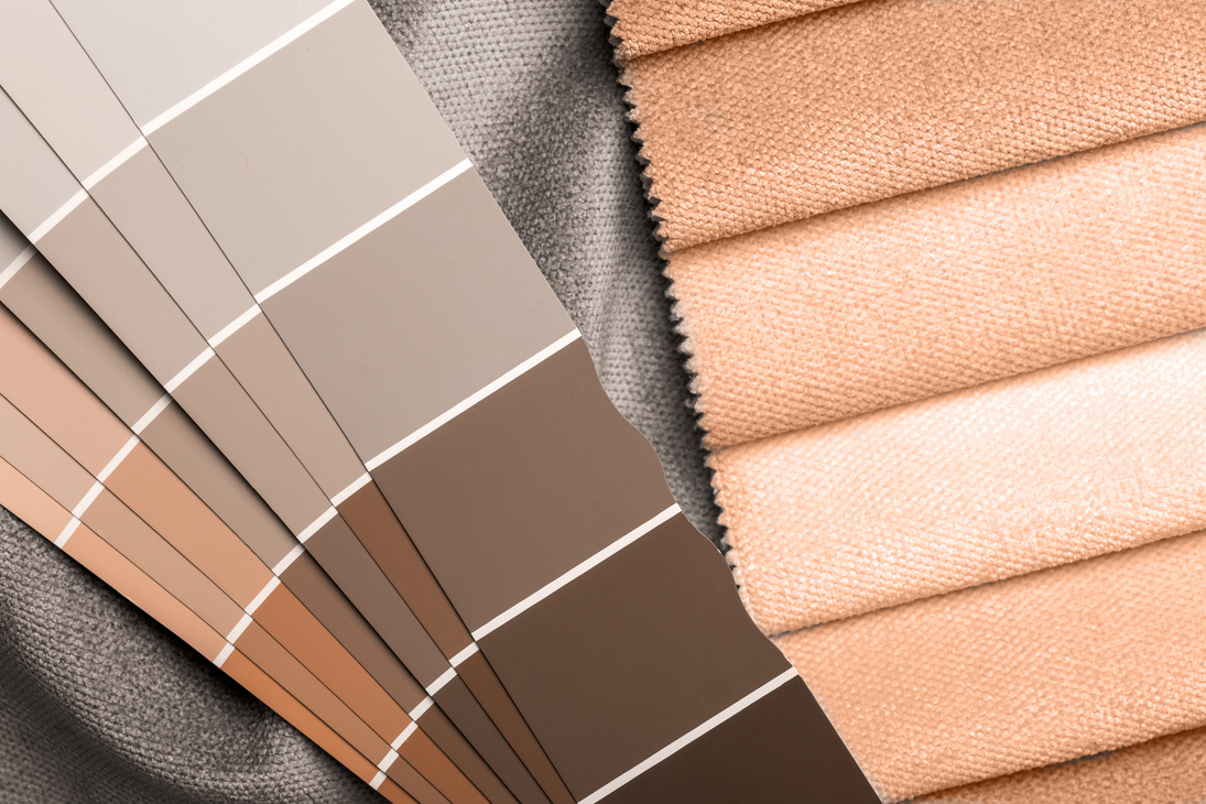 a variety of fabrics with a color palette. New trending PANTONE Peach Fuzz colour of 2024 year