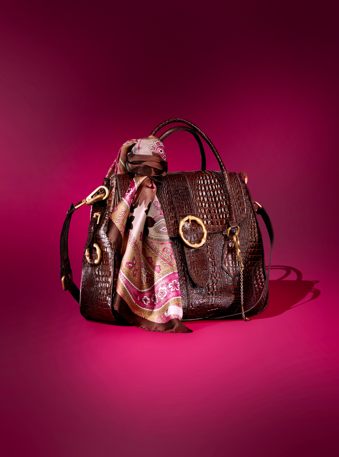 Leather handbag and silk scarf